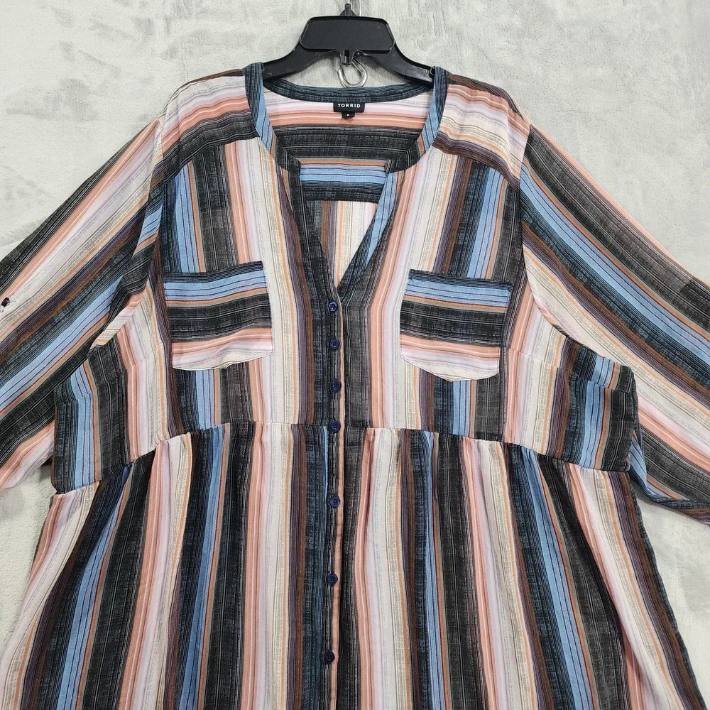 Torrid Top Womens 5/5X Multicolor‎ Striped Button Front Tunic 3/4 Sleeve Sheer